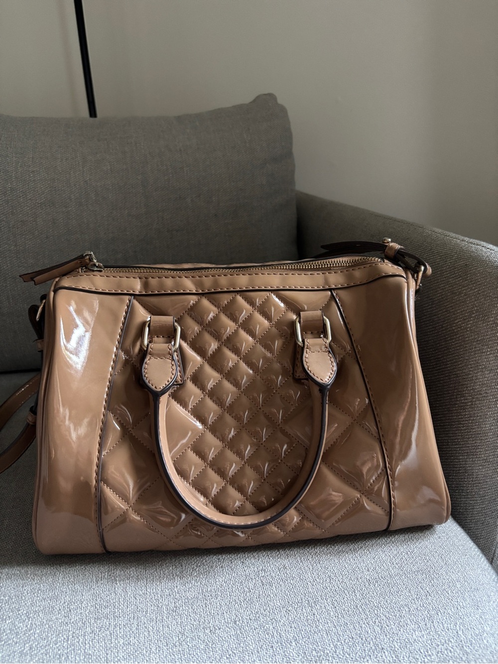 Mango Patent Quilted Satchel in Taupe Brown